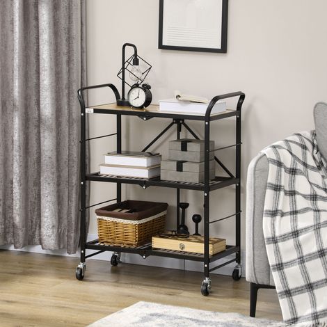 Carrito de cocina de estilo industrial con 3 estantes, carrito multiusos, carrito de servicio, 4 ruedas, plegable, marrón + negro. (1/5)