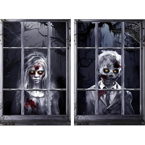 Decoración de ventana de Halloween de 80x120 cm, imágenes de Halloween aterradoras, decoración de ventana reutilizable, adecuada para decorar ventanas, puertas o paredes, también como elemento de (1/5)