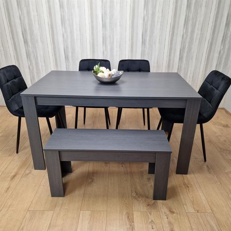 Dining Table and 4 Chairs With Bench Black Dark Grey 4 Velvet Chairs Wooden Bench Wood Dining Set Furniture (1/5)