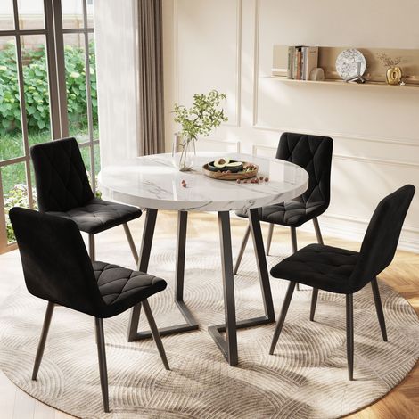 Ensemble table et chaises (5 pièces) avec table à manger et 4 chaises, table de cuisine ronde et pieds en métal noir, plateau en MDF blanc, chaises en velours noir (1/5)