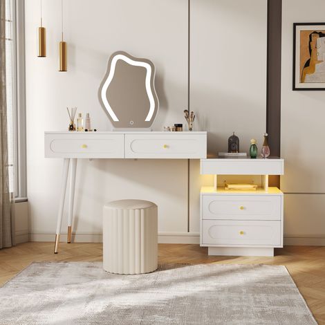 Coiffeuse avec miroir 140x40x130cm - Avec LED - Avec 4 tiroirs et 1 compartiment de rangement ouvert - Blanc(Sans tabouret)