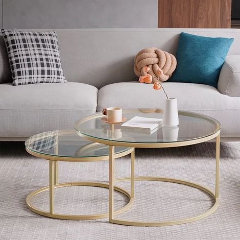 Wokaka – Table basse gigogne ronde en métal et verre – Lot de 2 tables – Grande 80x45cm, petite 60x33cm – Pour salon et bureau