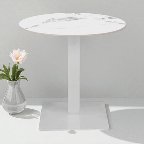 Tavolo pub ristorante bar rotondo 70 cm Top esterno effetto Marmo Bianco base bianca H 75 (1/4)