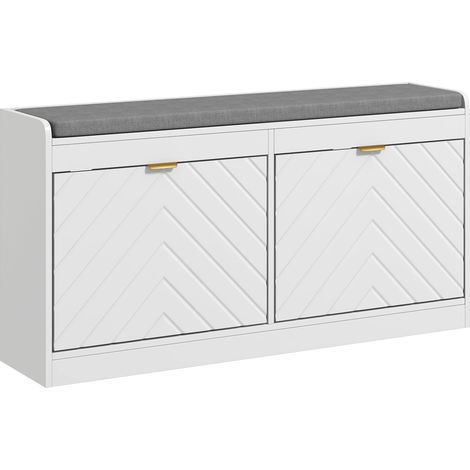 Schuhbank, Aufbewahrungsbank, gepolsterter Sitz, Klappschublade, Tür mit Muster, 106 x 24 x 52,5 cm, weiß