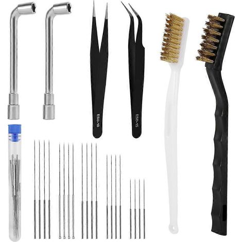 Kit de nettoyage des buses d'imprimante 3D, 20 aiguilles de nettoyage de buses, 2 brosses métalliques, 2 clés en L, 2 pinces à épiler (1/5)