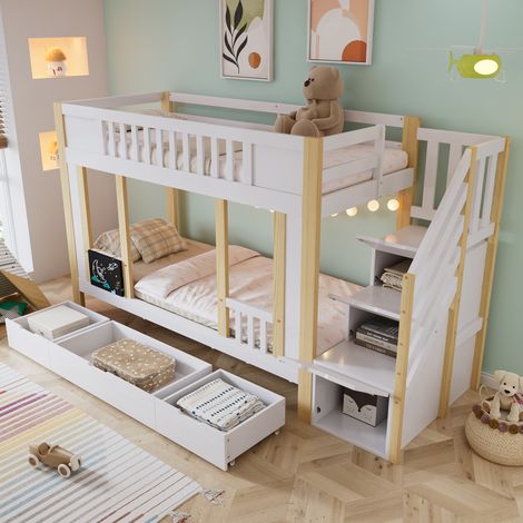Letto a castello per bambini 253x95x150 cm, scala contenitore, 3 cassetti su ruote, lavagna, legno massello MDF, bianco naturale (1/5)