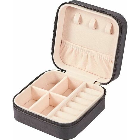 Petite boîte à bijoux en cuir PU pour voyage, boîte à bijoux portable pour bagues, pendentifs, boucles d'oreilles, boîte de rangement (noir) (1/5)