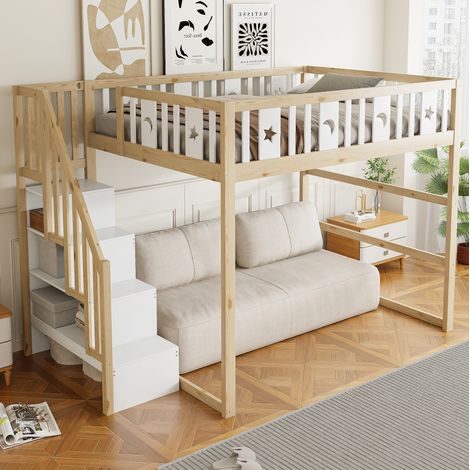Letto a soppalco per bambini 140x200 cm in legno massello bianco/naturale con scala e soppalco inferiore