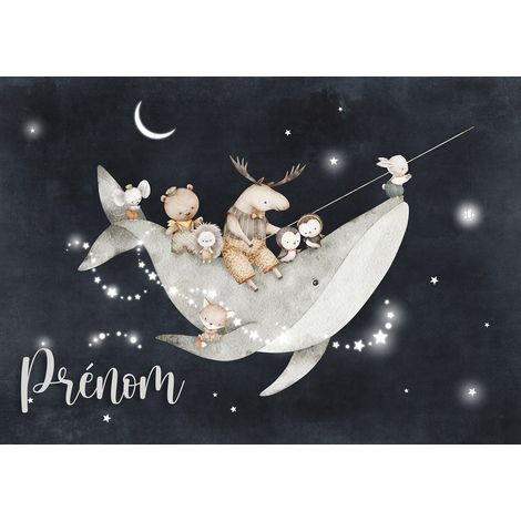 Papier peint panoramique enfant avec prénom personnalisable - Baleine Animaux - 130 cm x 92 cm (1/2)