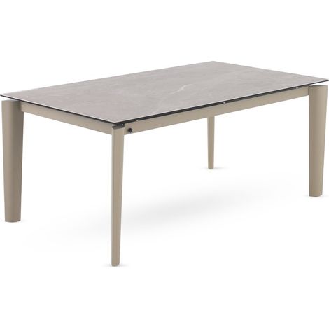 Ausziehbarer Esstisch 180/250 x 100 cm mit taupefarbenen Metallbeinen und Keramikplatte in Fior di Bosco. (1/5)