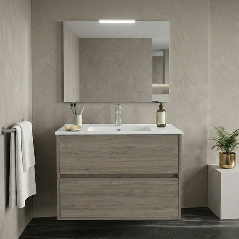 Mobile bagno sospeso 90x45 cm colore rovere scuro con 2 cassetti e lavabo incluso – Soria