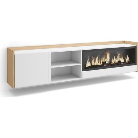Skraut Home - Mueble TV, Televisión, Muebles de salón, almacenaje, 212x35x50cm, Para TV hasta 80", Chimenea eléctrica XXL, Colgado, Suspendido, Estilo Moderno, Blanco y roble soft (1/5)