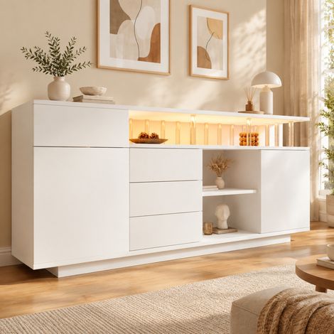 Aparador blanco 160 x 40 x 75 cm con LED, 4 cajones, 2 puertas y estantes regulables OKMYHOME (1/5)