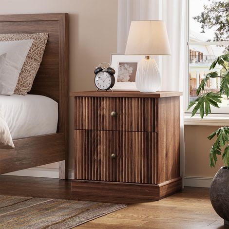 Nightstand - Wave Board Design - Dark Walnut, 2 Drawers - for Bedroom, Bedside, Home (1/5)