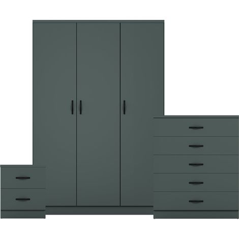 Riano 3 Piece Bedroom Set (2 Drawer Bedside Chest, 5 Drawer Chest, 3 Door Wardrobe), Green (1/3)