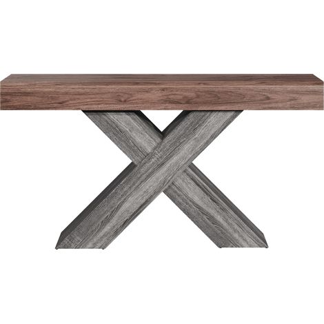 Tavolo consolle stretto con gambe a X in effetto legno noce, truciolare, 140 x 30 x 80 cm (1/5)