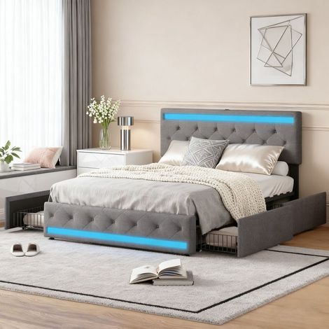 Letto 140x190 BILLIA - 4 cassetti, LED RGB e porte USB, testiera, rete inclusa - Lino grigio, carico 250 kg