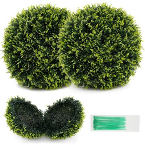 COSTWAY Set di 2 Sfere Topiarie in Cedro 50 cm, Sfere in Buxus con Protezione Solare, Piante Decorative Artificiali per Giardino, Porta d'Ingresso e Balcone (1/5)