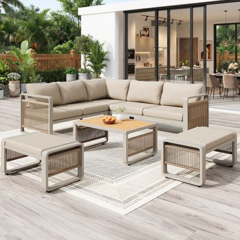 Salon de jardin 6-7 Personnes,Ensemble de chaises longues de jardin,canapé de jardin en corde tressée à la main,canapé d'angle,pour salon ou chaise longue,Avec coussins et coussins d'assise, beige (1/5)