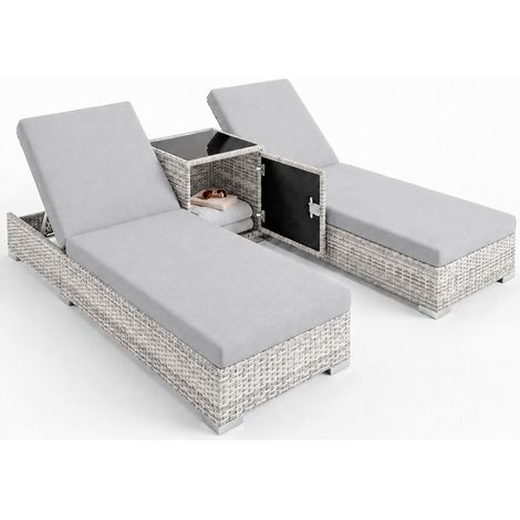 Set 2 Lettini Prendisole In Polyrattan Con Tavolino Contenitore E Cuscini Schienale Regolabile 5 Posizioni Sdraio Da Giardino Terrazzo Piscina Relax Arredo Esterno 184 x 60 x 21 Cm Marrone E Grigio (1/5)