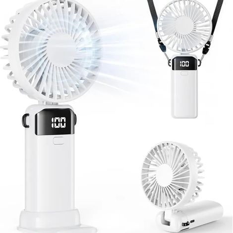 Ventilateur portable LED à 5 vitesses avec support pour téléphone, 3 en 1 : bureau, cou, main (A1)