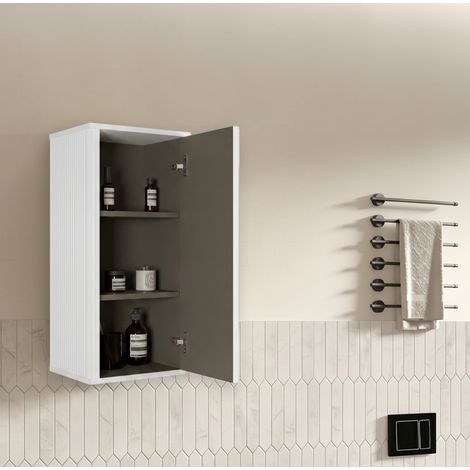 Mobile contenitore da parete, design a scanalature, porta push-to-open, ripiani interni, MDF e compensato bianco (1/5)