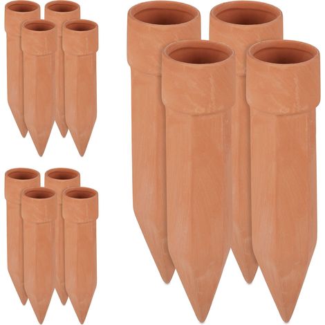 Relaxdays Clay Watering Cones, Set of 12, Plant Irrigation Kit, 1.5L Bottles, HxD 19 x 4.5 cm, Terracotta