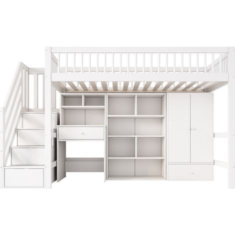 Cama alta infantil 90 x 200 cm blanca con escritorio, escalera, armario y almacenaje (1/5)