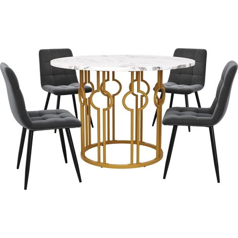 Table de salle à manger ronde 100 cm, plateau MDF blanc, pieds dorés en métal, lot de 4 fauteuils velours gris anthracite, mobilier salle à manger 5 éléments