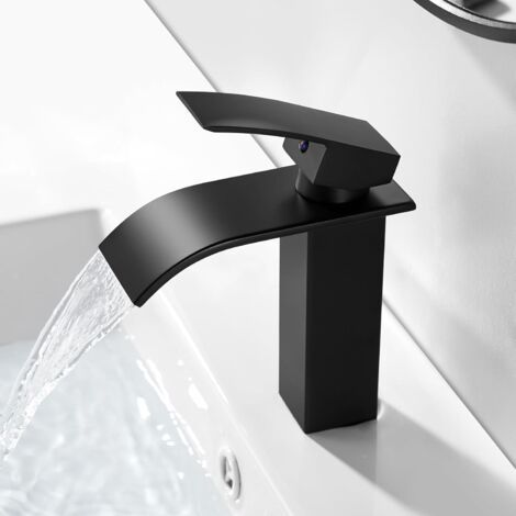 Mitigeur Lavabo Noir Cascade avec Bec Hauteur 10cm, Robinet de Salle de Bain en Laiton (sans Bonde, sans Tirette de Vidage), Eau Chaude et Froide Disponible, Robinet Monocommande Lavabo Noir (1/5)