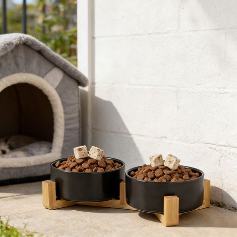Dog Food Ceramic Double Dog Food Large Dog Food with Bamboo Stand (850ml, black) (1/5)