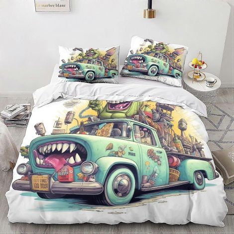 Ensemble de 3 housses de couette en microfibre à motifs de dessins animés avec fermeture éclair pour literie sur le thème des voitures vintage (1/4)