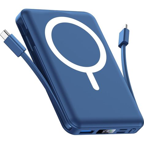 Batterie Externe Magnétique, Compatible avec 10000mAh sans Fil Power Bank Charge Rapide avec 2 Câbles Intégrés Affichage LED Compatible 17/16/15/14/13/12/Pro/Pro Max-Bleu (1/5)