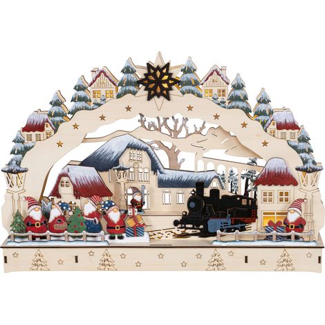 HGD LED-Schwibbogen Wichtelbahnhof mit Timer 10-flammig 44,5 x 30 cm warmweiß natur/bunt