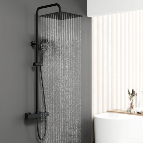 OCEAN colonne de douche thermostatique 38°C, grand pommeau douche carré 30 x 30 cm, douchette 3 jets, hauteur réglable 72-125 cm, laiton & inox pour salle de bain, noir