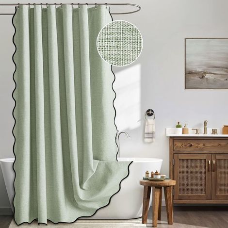 Fächerförmiger Duschvorhang in Leinenoptik mit Haken für ein sauberes und trockenes Badezimmer – 1 Stück, Salbeigrün, 90 x 180 cm (1/5)