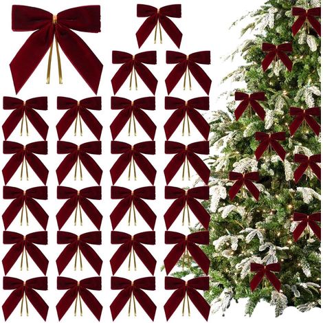 24 fiocchi natalizi in velluto glitterato - Decorazioni natalizie - Ornamenti natalizi - Decorazione per l'albero - Atmosfera natalizia - 8,9 x 8,9 cm (1/5)