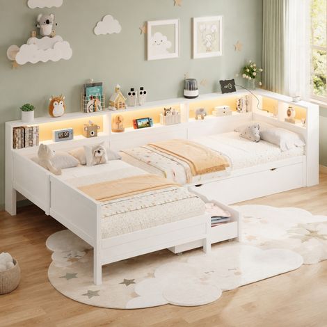 L-förmiges Bett 90x200 cm Weiß aus MDF und Sperrholz mit Ausziehbett, Schublade, Stauraum und Ladestation (1/5)