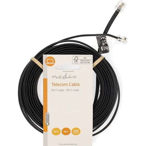 Telecom Cable RJ11 Male RJ11 Male 10.0 m Cable design: Flat Gold Plated Cable type: RJ11 Black Label