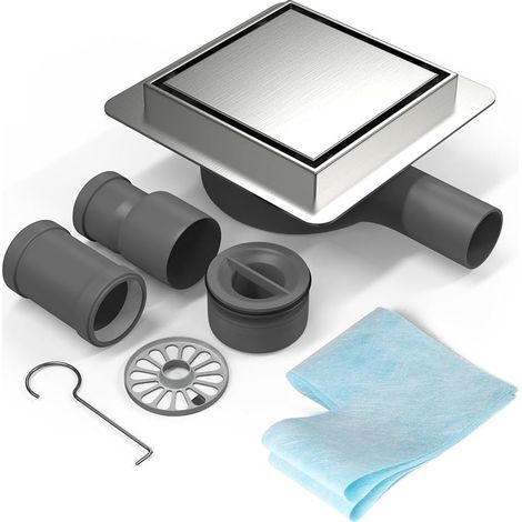 15x15cm Caniveau de Douche Carré INOX, Siphon de Sol Douche Italienne à Carreler avec Raccord DN50/DN40 Bonde Douche Extra Plate Siphon à 360° avec Anti-Odeurs et Filtre à Cheveux (1/5)