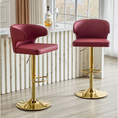 Taburete de bar giratorio con respaldo, altura regulable, reposapiés, PU rojo (1/5)