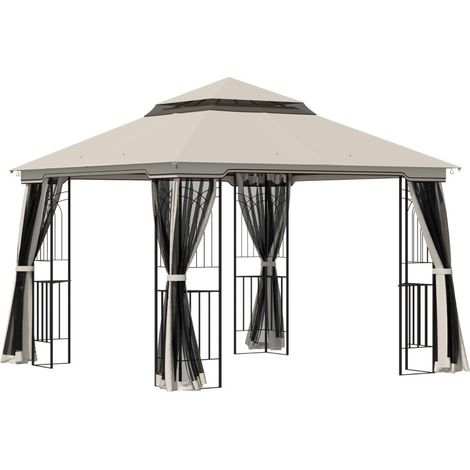 Quiosco de fiestas beige 2,99×2,99×2,74 m doble techo metal poliéster, 4 paredes laterales para jardín y recepciones. (1/5)