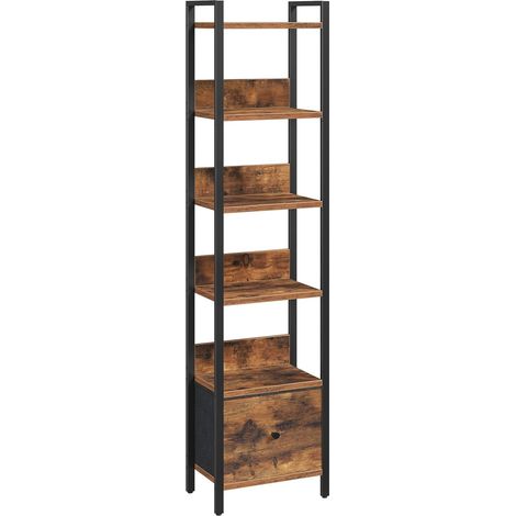 Bibliothèque, Étagère de Rangement à 6 Niveaux, avec Tiroir Amovible, Étagère à Livres sur Pieds pour Petits Espaces, Meuble de Rangement, pour Salon, Chambre, Bureau, Marron (1/5)
