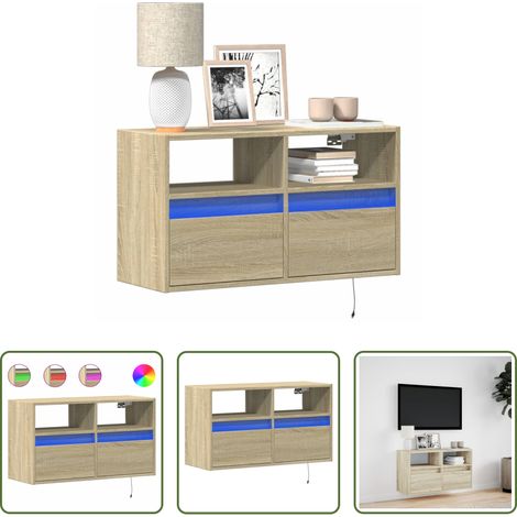 Armoire TV murale -  Meuble TV mural avec lumières LED chêne sonoma 80x31x45 cm (1/5)