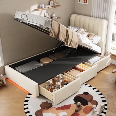 Cama con almacenaje 90x200 cm con 3 cajones, LED, terciopelo beige DESVIAE (1/5)