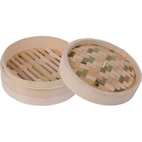 Panier vapeur en bambou pour légumes avec couvercles, idéal pour la cuisson des raviolis et autres gourmandises. 15 cm (1/5)