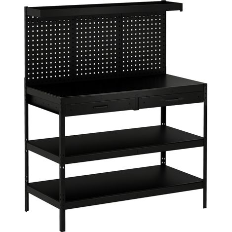 AMXCNOY Établi avec étagères réglables, poste de travail robuste avec panneau perforé et 2 tiroirs, 122 x 61 x 156 cm, noir
