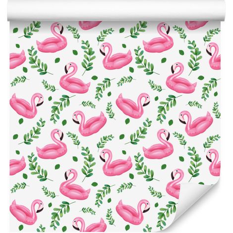 Papier peint flamants roses blanc, rose poudré et vert pour salon et chambre 50x1000 (1/5)