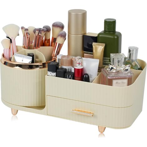 Makeup Organizer Countertop with Drawer 360 Rotating Brush Holder Storage Large Capacity Skincare Cosmetic Display Cases for Vanity Bathroom Desktop, Cream (1/5)