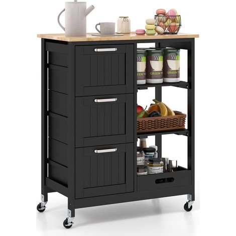 COSTWAY Kitchen Island Rolling Cart Utility Cart on Lockable Wheels-Black